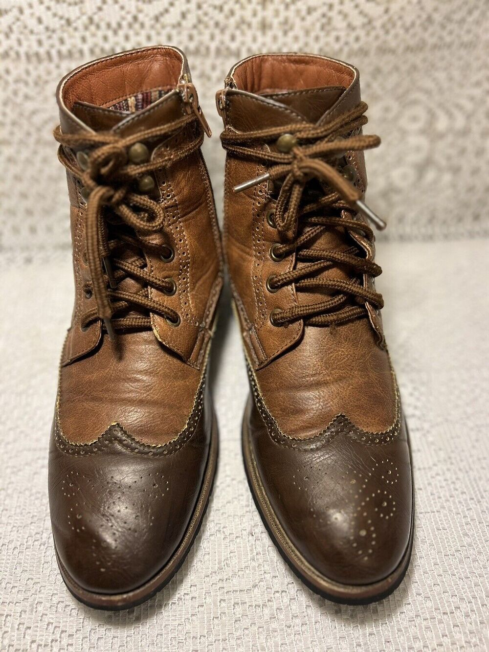Mens Polor Fox Jonah Brn two tone wingtip Faux Leather Ankle Boots Grunge Sz 6.5